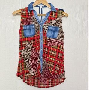 Winwin Apparel Mixed Media Patchwork Denim Sleeveless Top Red Plaid Large